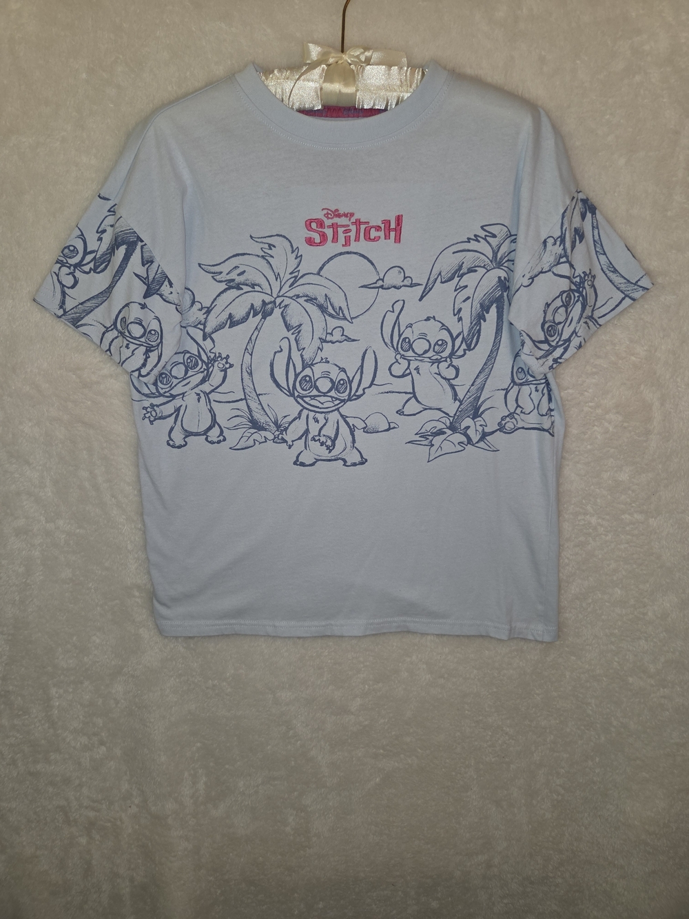 Disney Light Blue Stitch Graphic Tee with Pink Logo